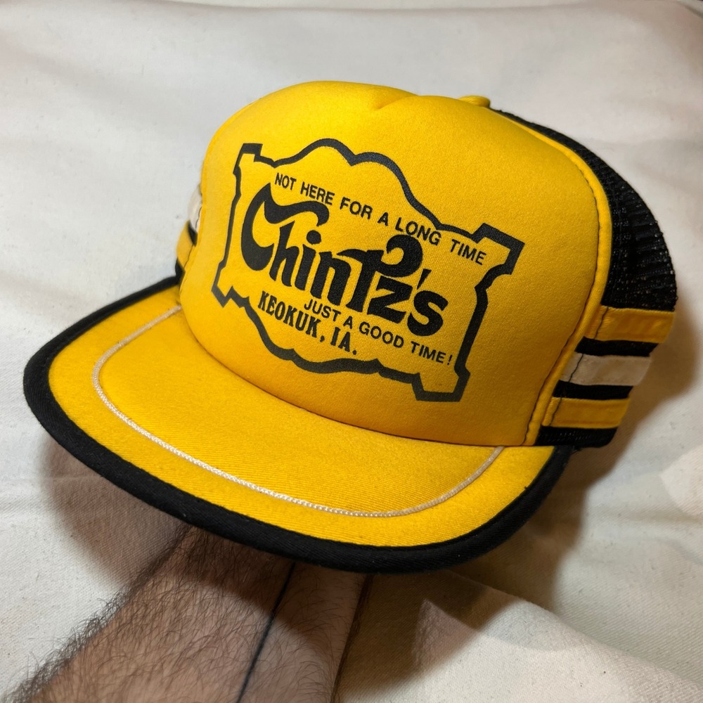 VTG Chintz's Keokuk Iowa Hat Trucker San Sun Mens OS Yellow Mesh Snapback STRIPE